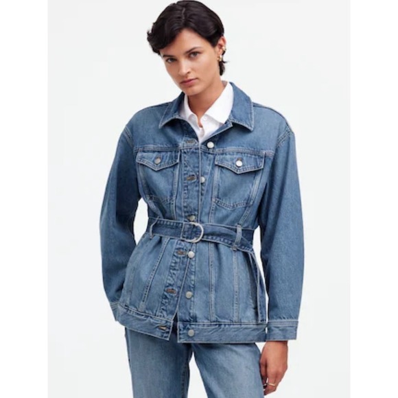 Madewell Women Oversized Trucker Jean Jacket Belted Sz Medium Denim Fall Preppy - Picture 1 of 13
